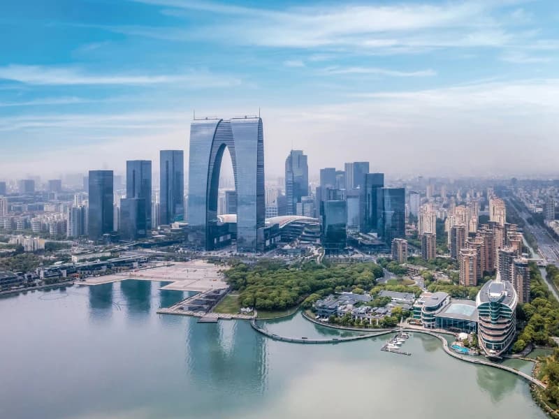 Suzhou skyline and waterfront beside Jinji Lake